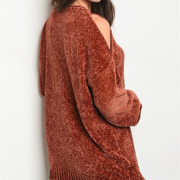 LAST 1! OH SO SOFT Rust Cold shoulder knit sweater - Picture 2 of 4